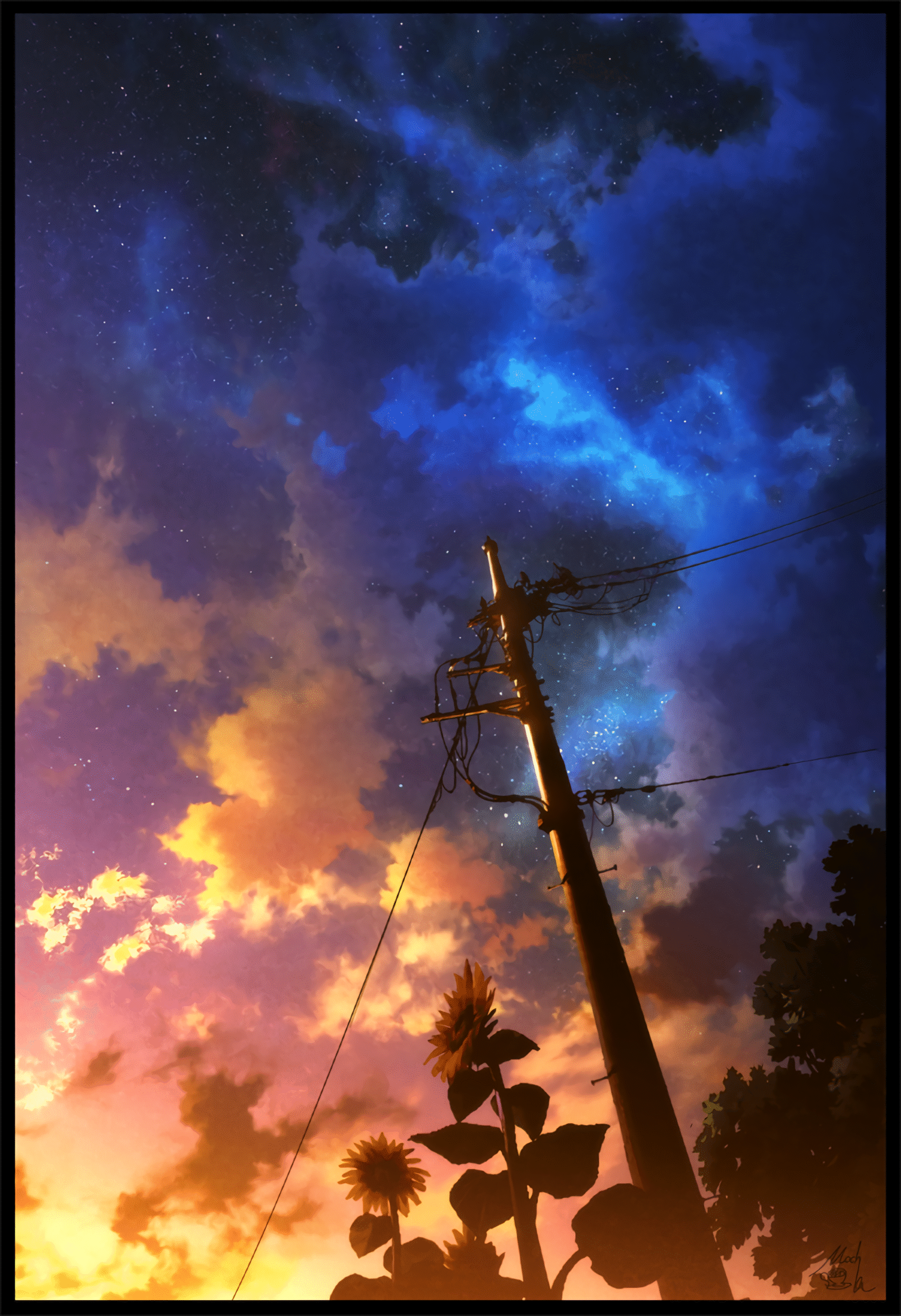 utility pole sunflower starry sky