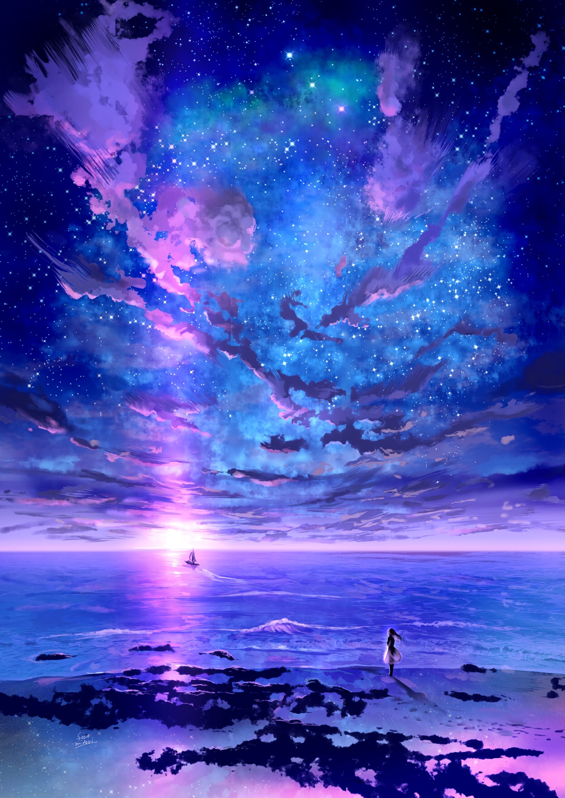 milky way beach ocean sunset purple sky