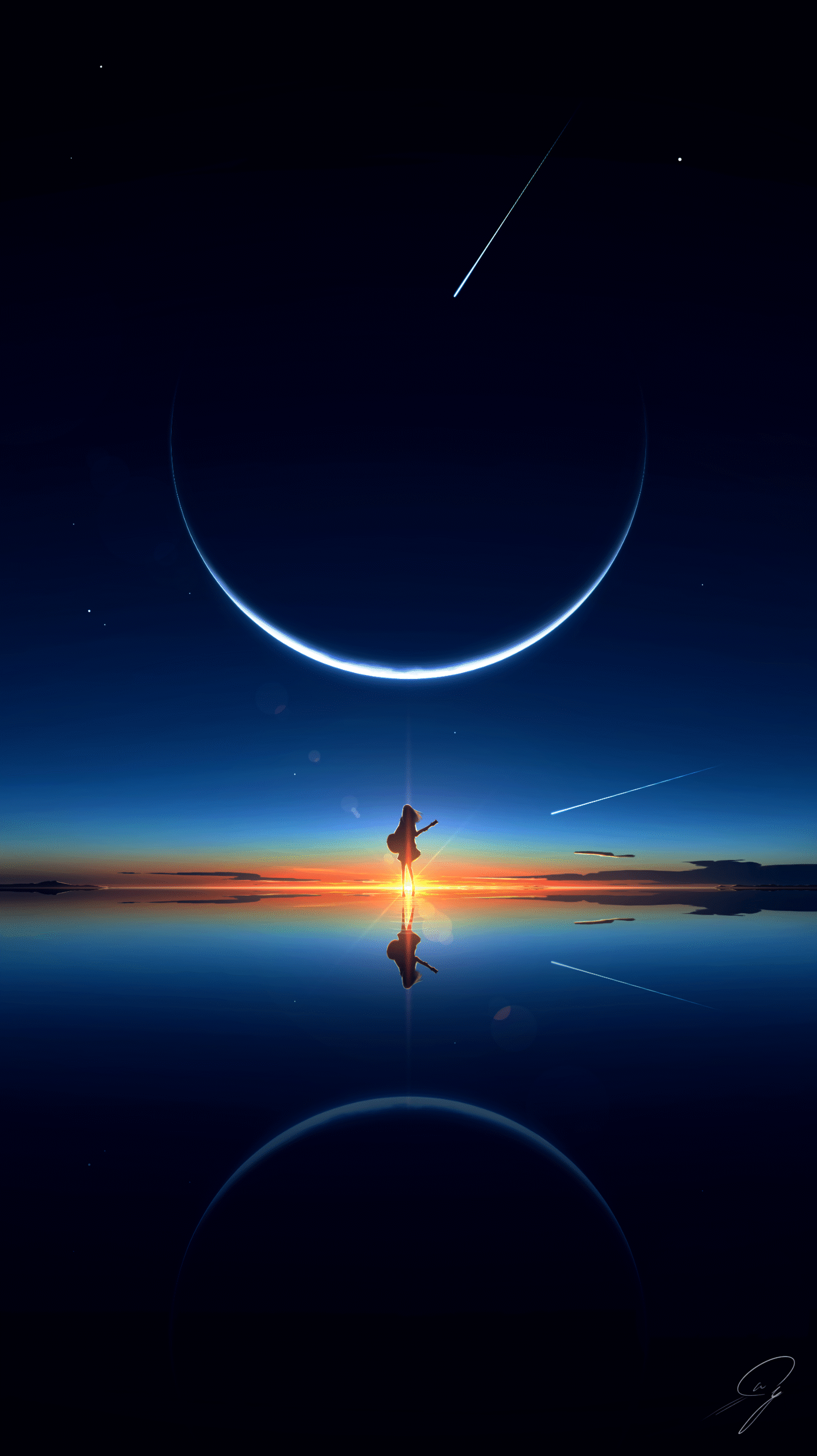 crescent moon silhouette shooting star