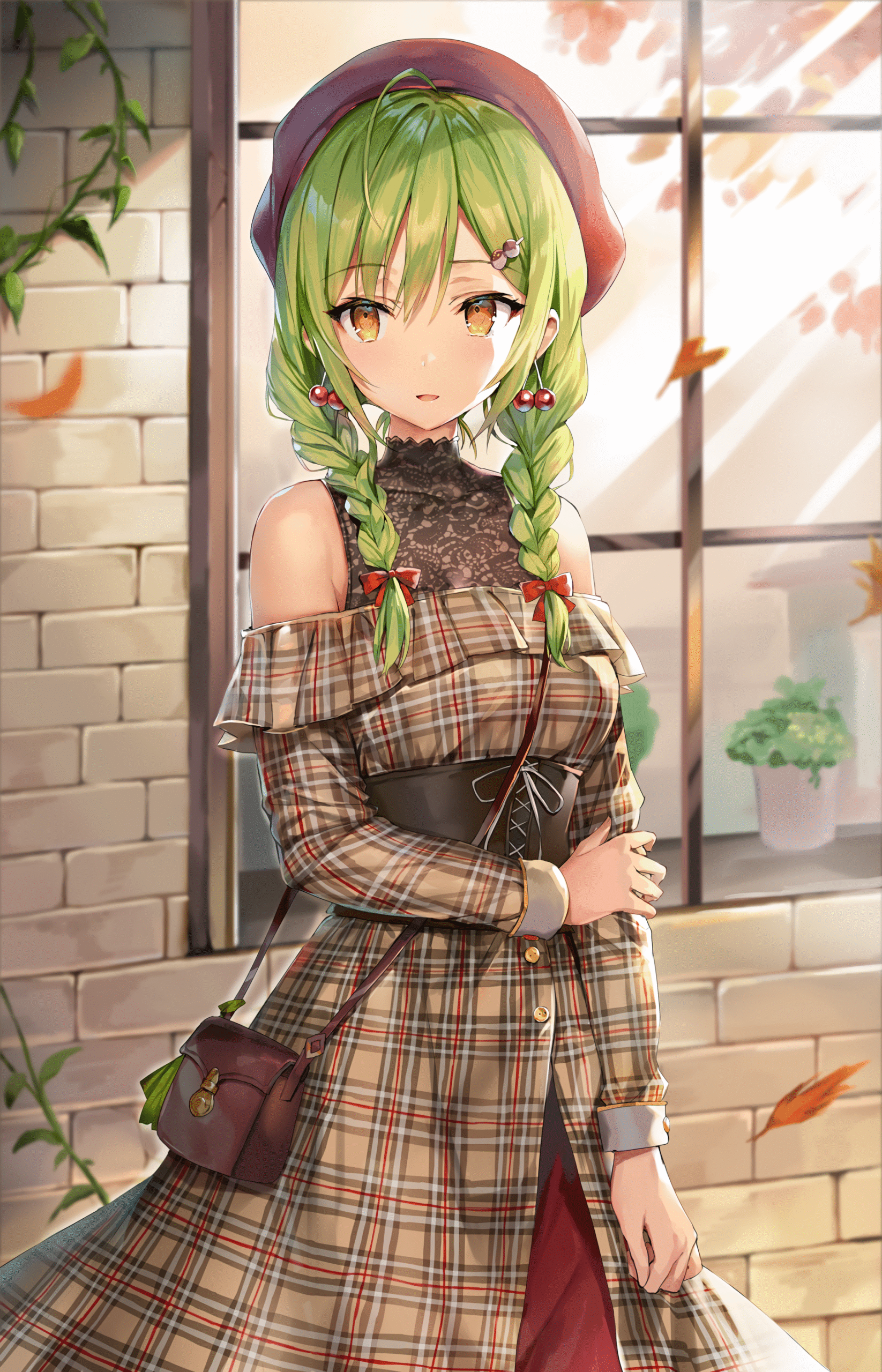 anime girl green hair braids brown