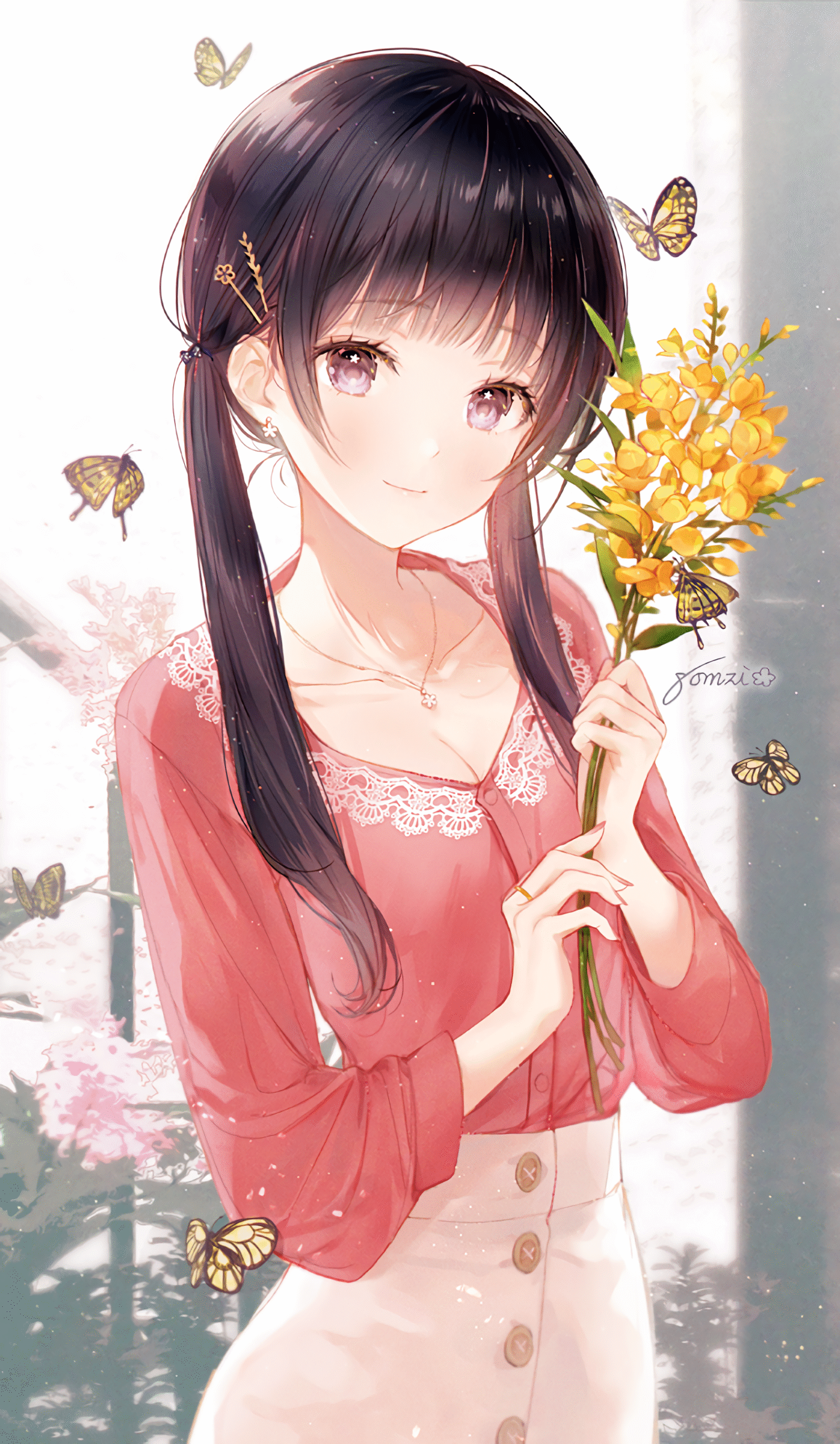 anime girl holding flowers yellow