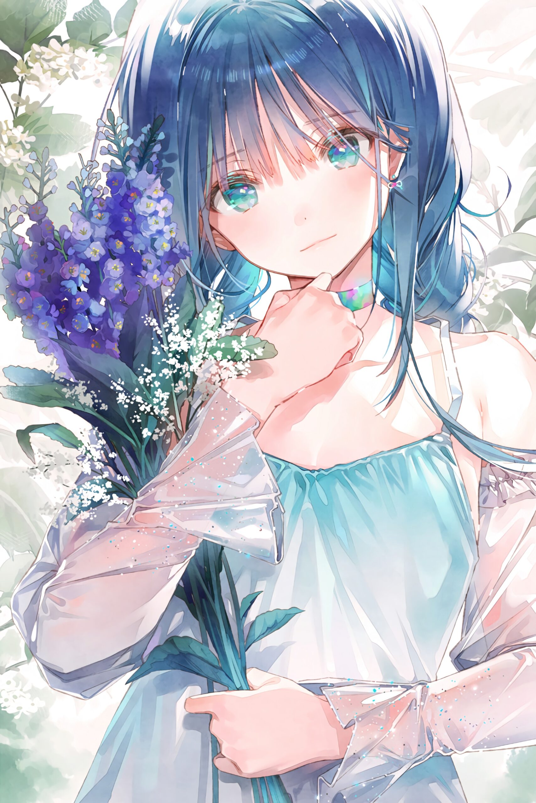 blue hair green eyes flowers hydrangea