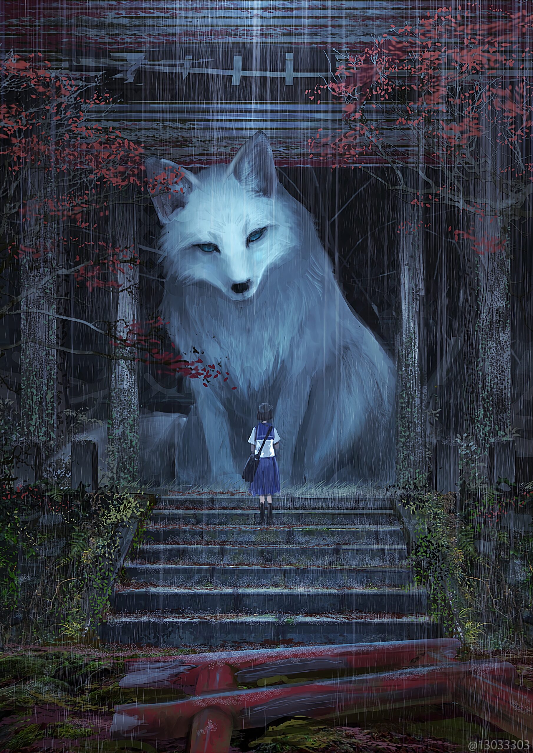 giant white fox kitsune japanese shrine