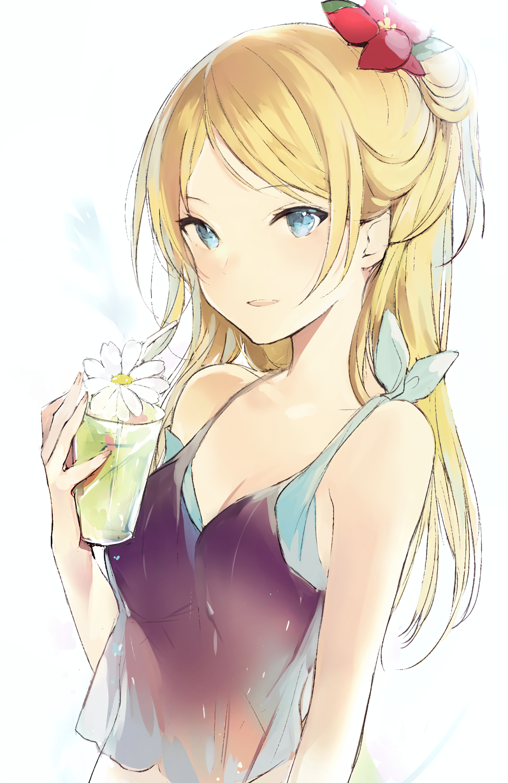 girl anime blonde hair blue eyes drink