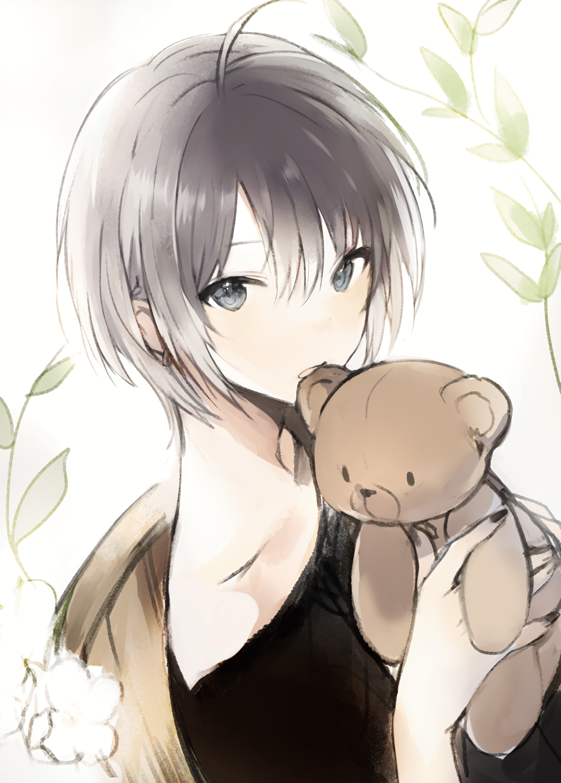 girl anime short hair teddy bear