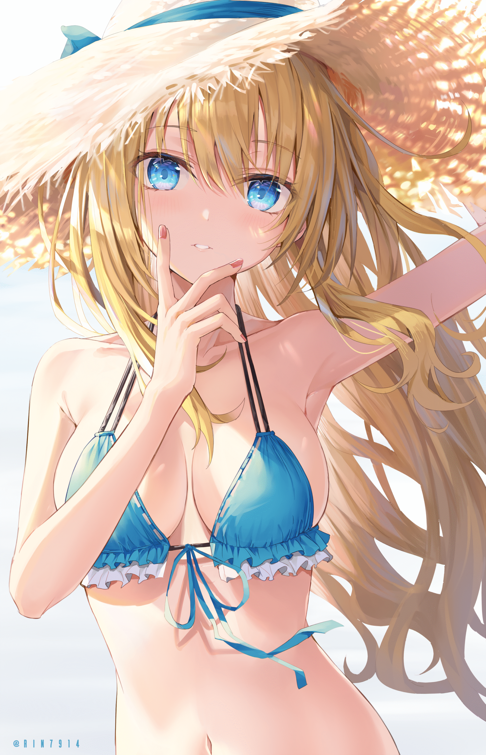 girl blonde blue_eyes bikini straw_hat