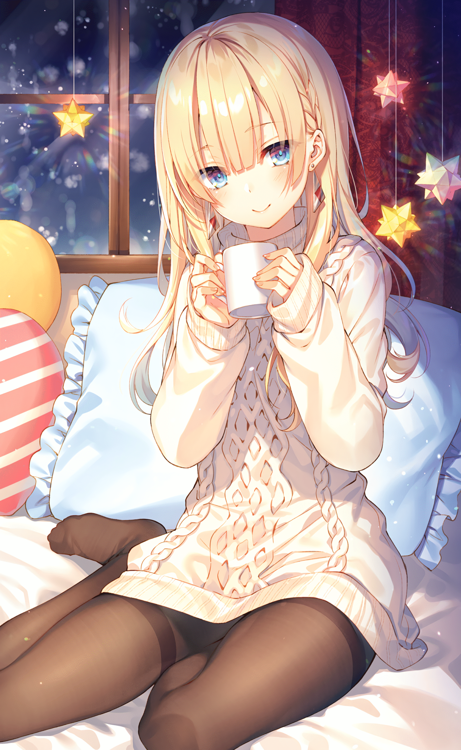 girl blonde blue_eyes sweater mug