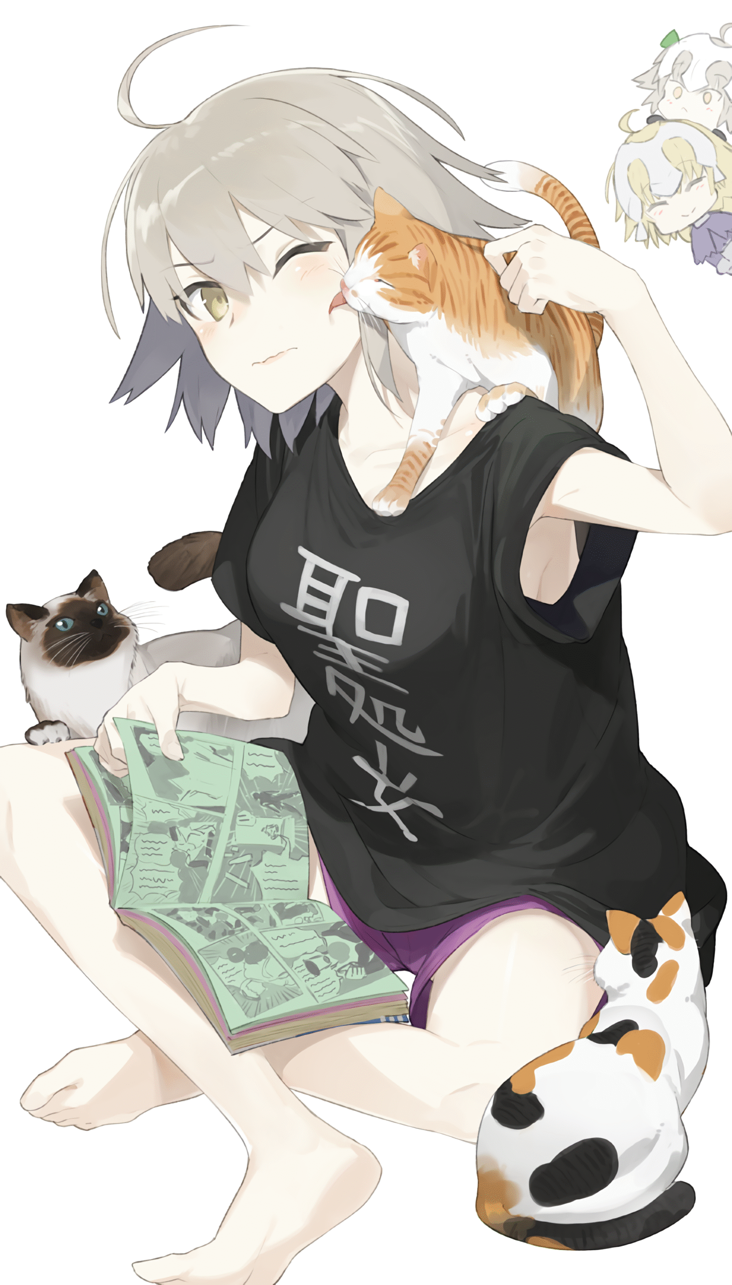 girl short_hair cats reading manga