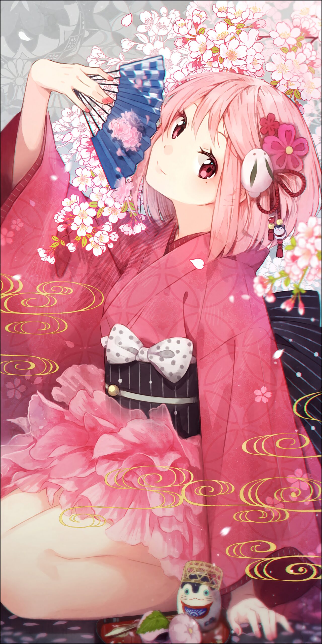 kimono girl pink hair cherry blossoms