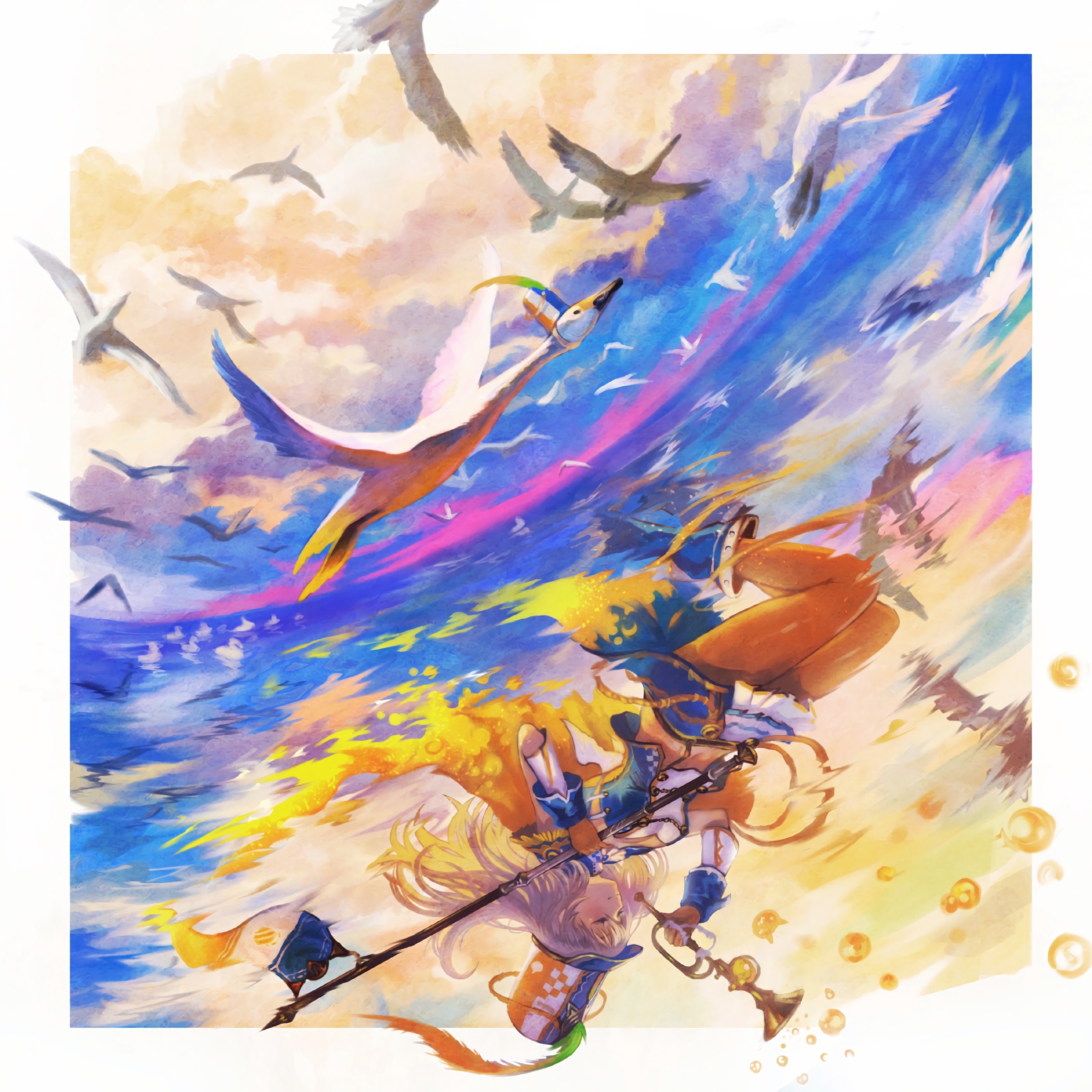 watercolor fantasy girl flying birds