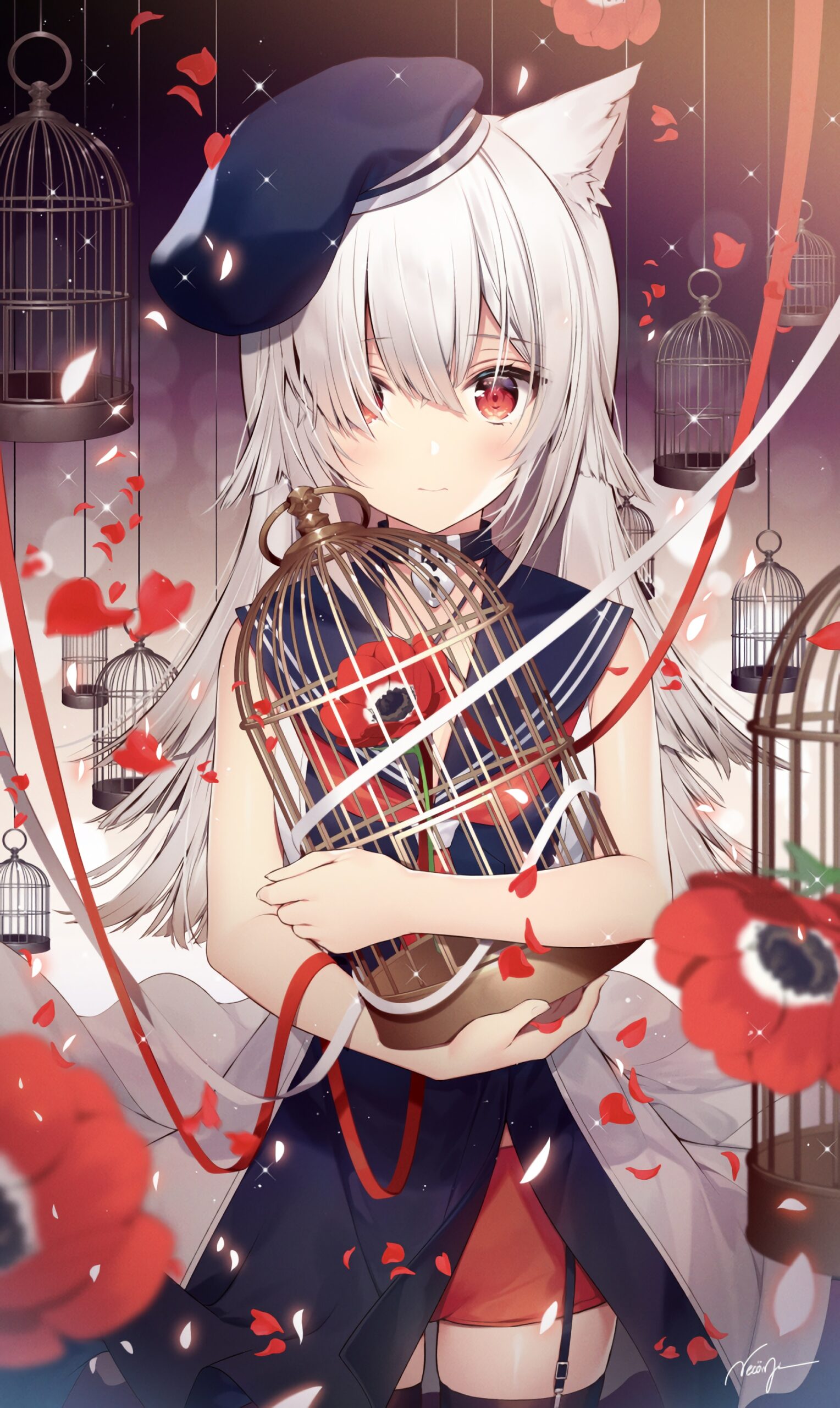 white hair red eyes cat ears beret