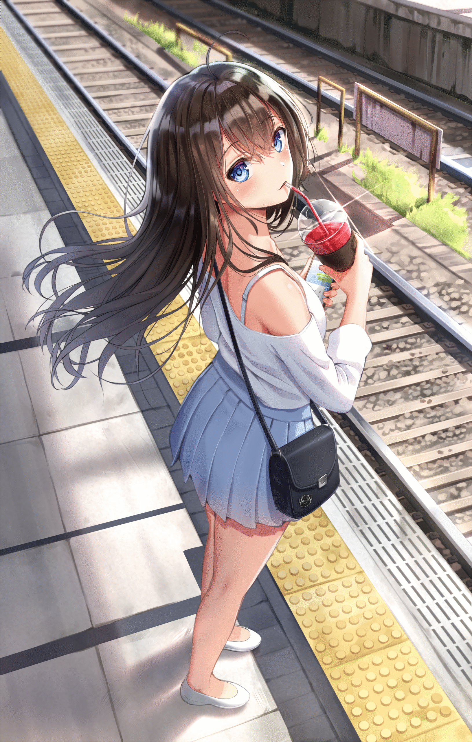anime girl train station railway blue