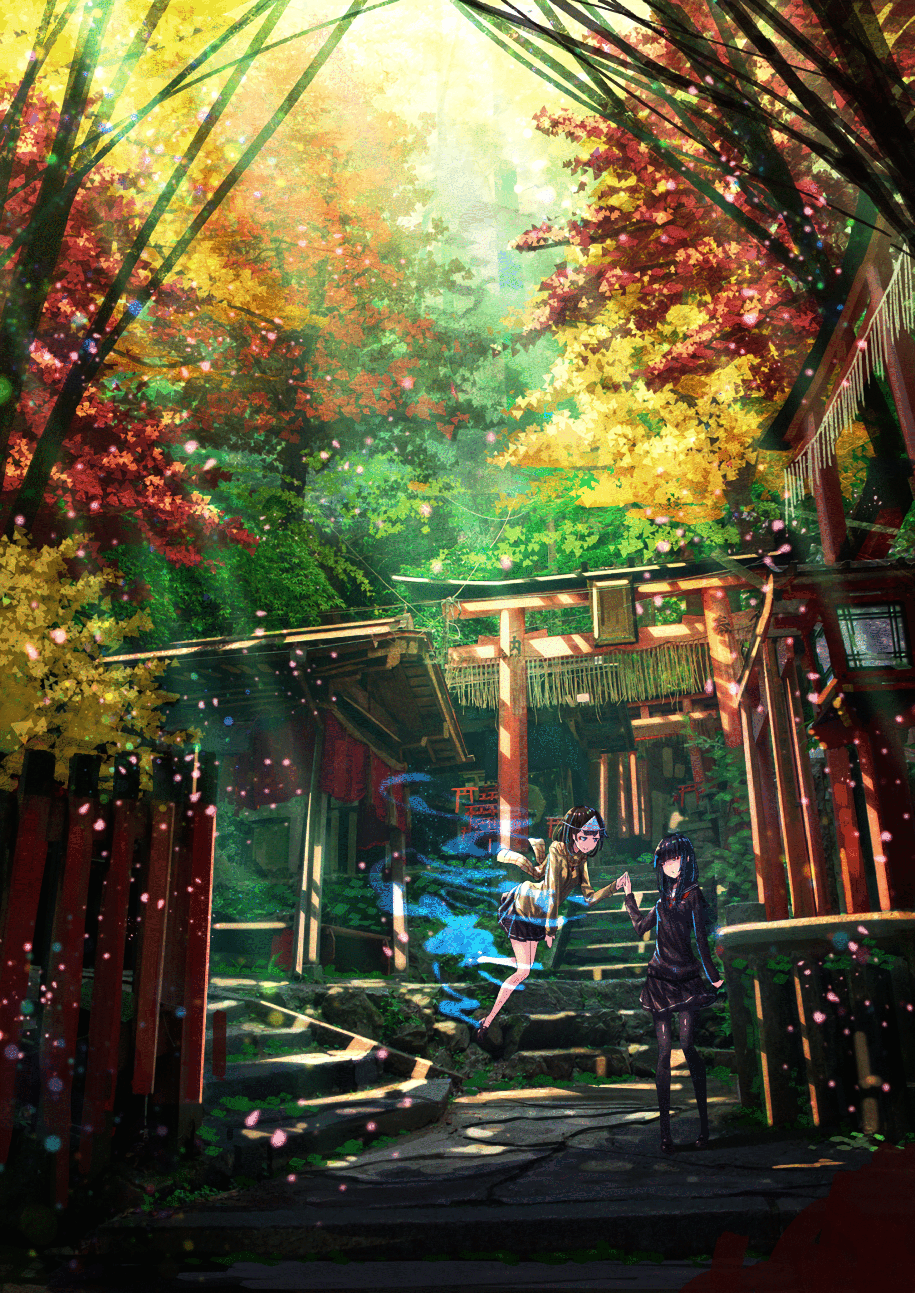 torii gate shrine forest autumn leaves