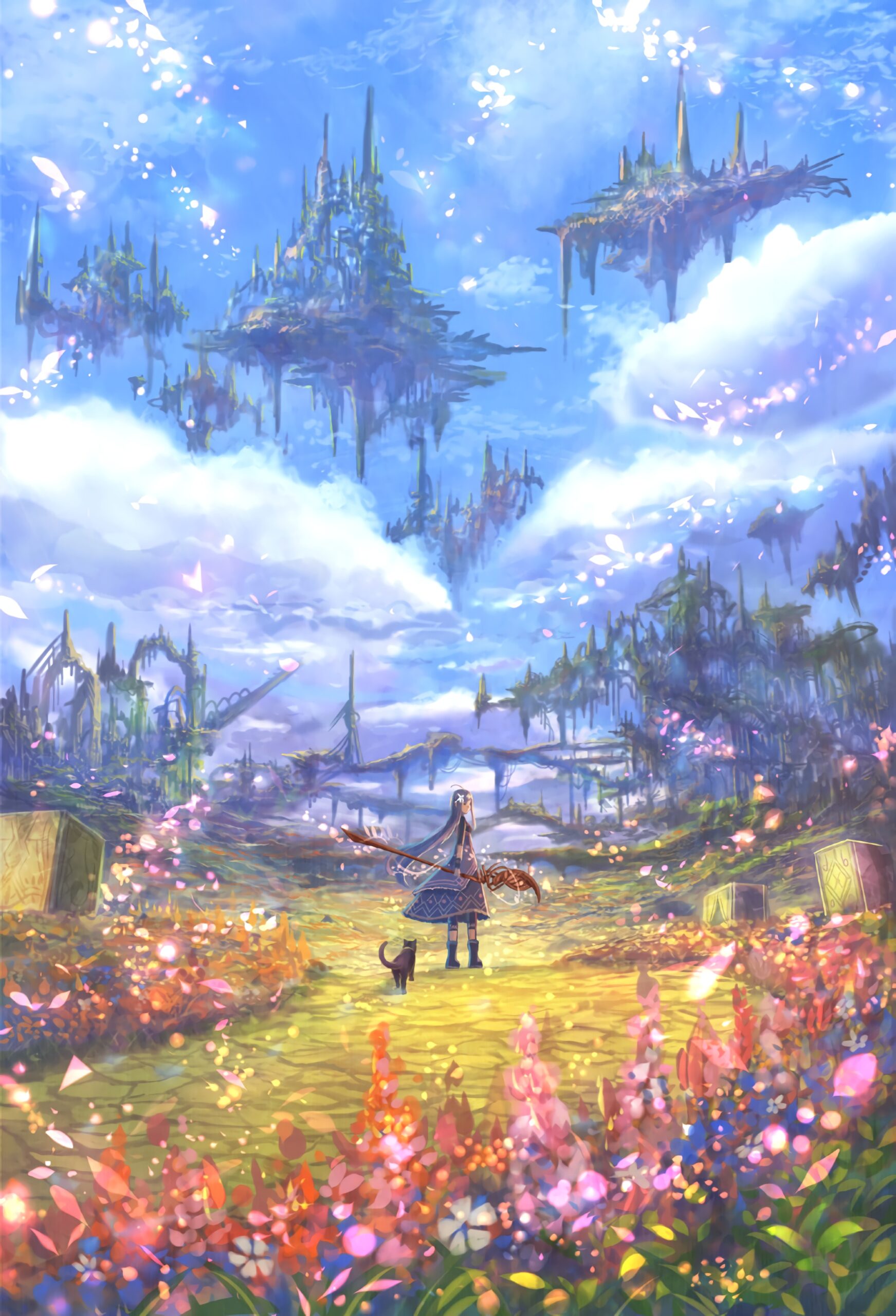 floating islands magic girl cat field