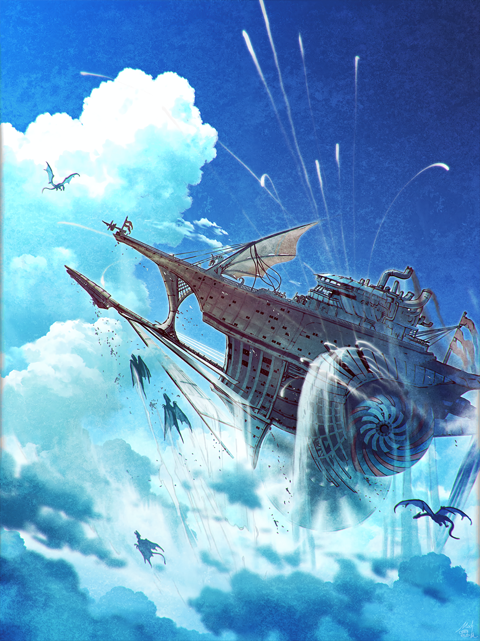 airship flying dragons clouds fantasy