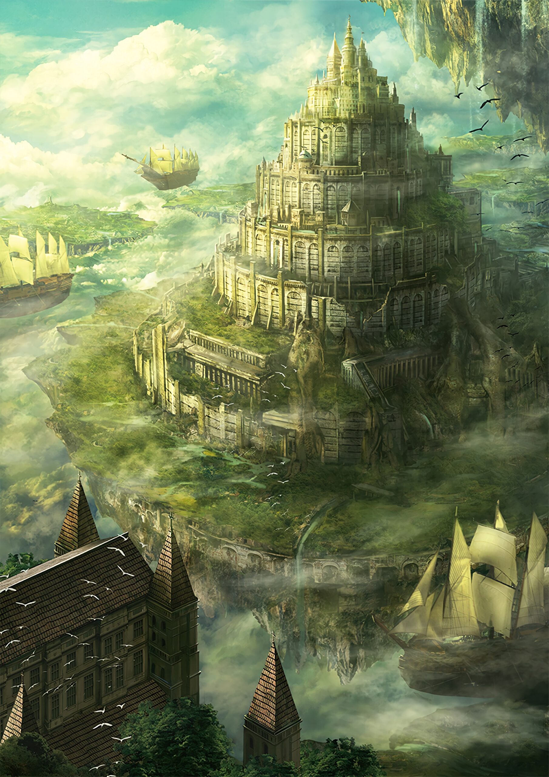 floating island castle sky ships