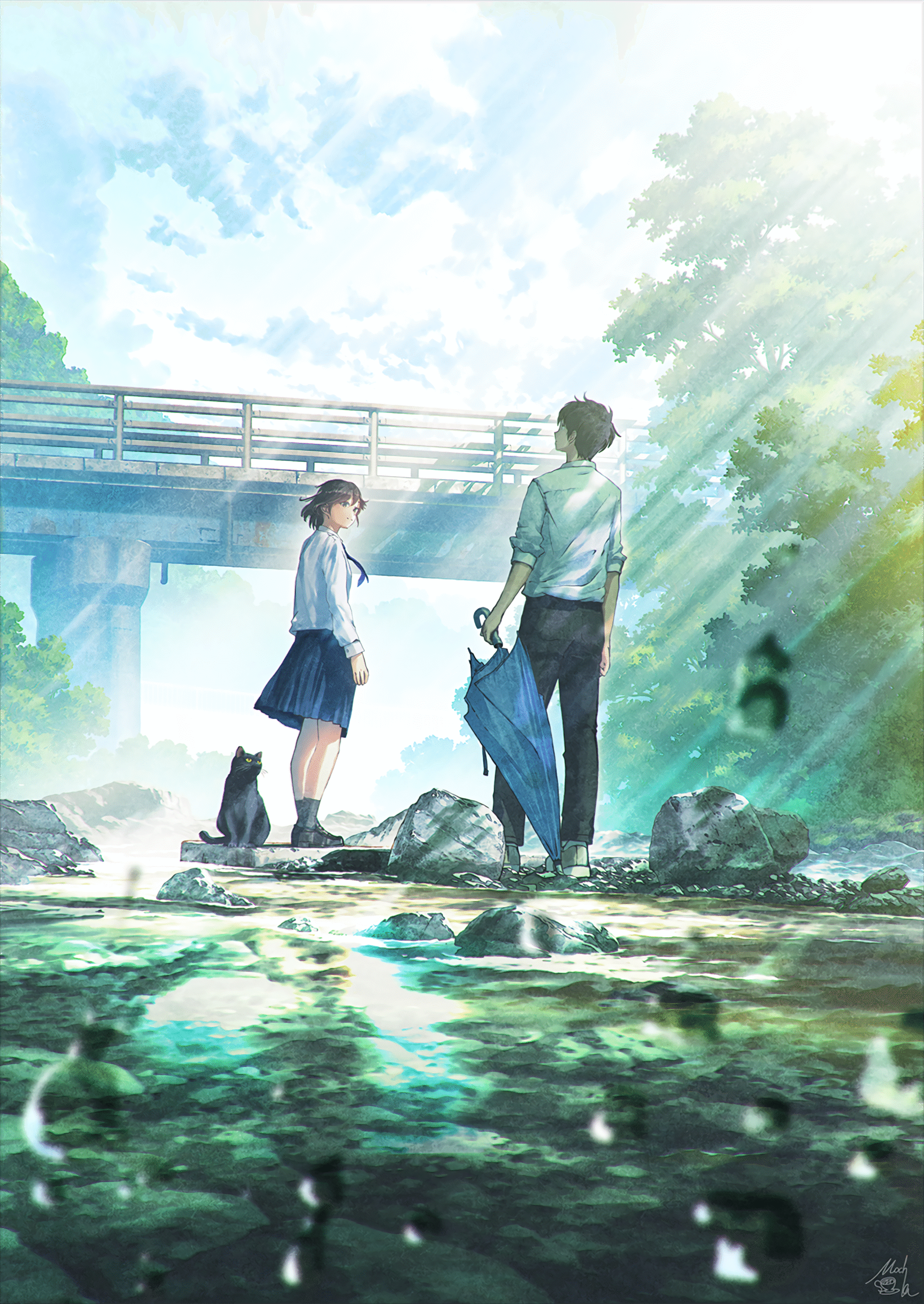 anime couple river stepping stones