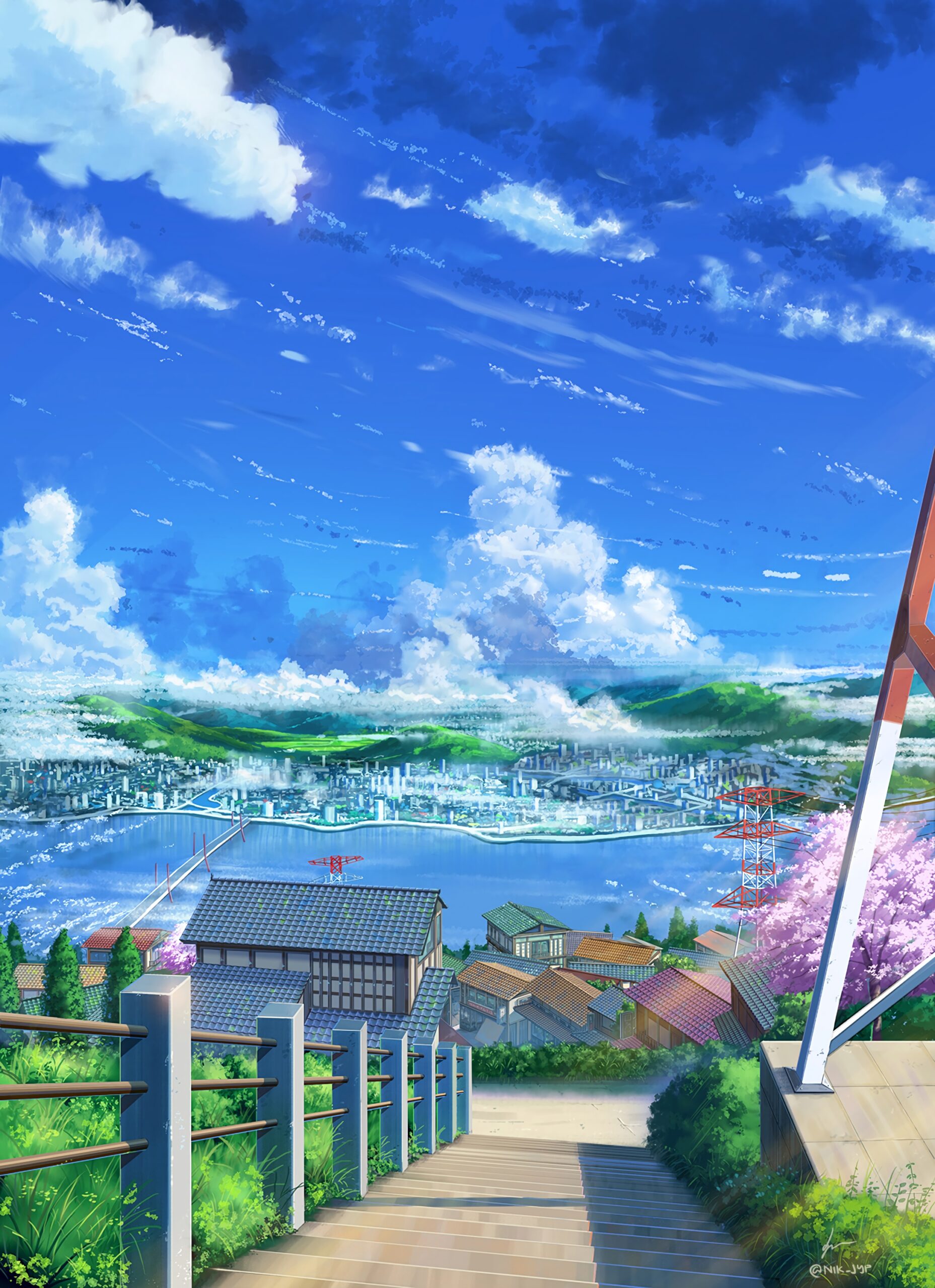 anime scenery summer sky clouds