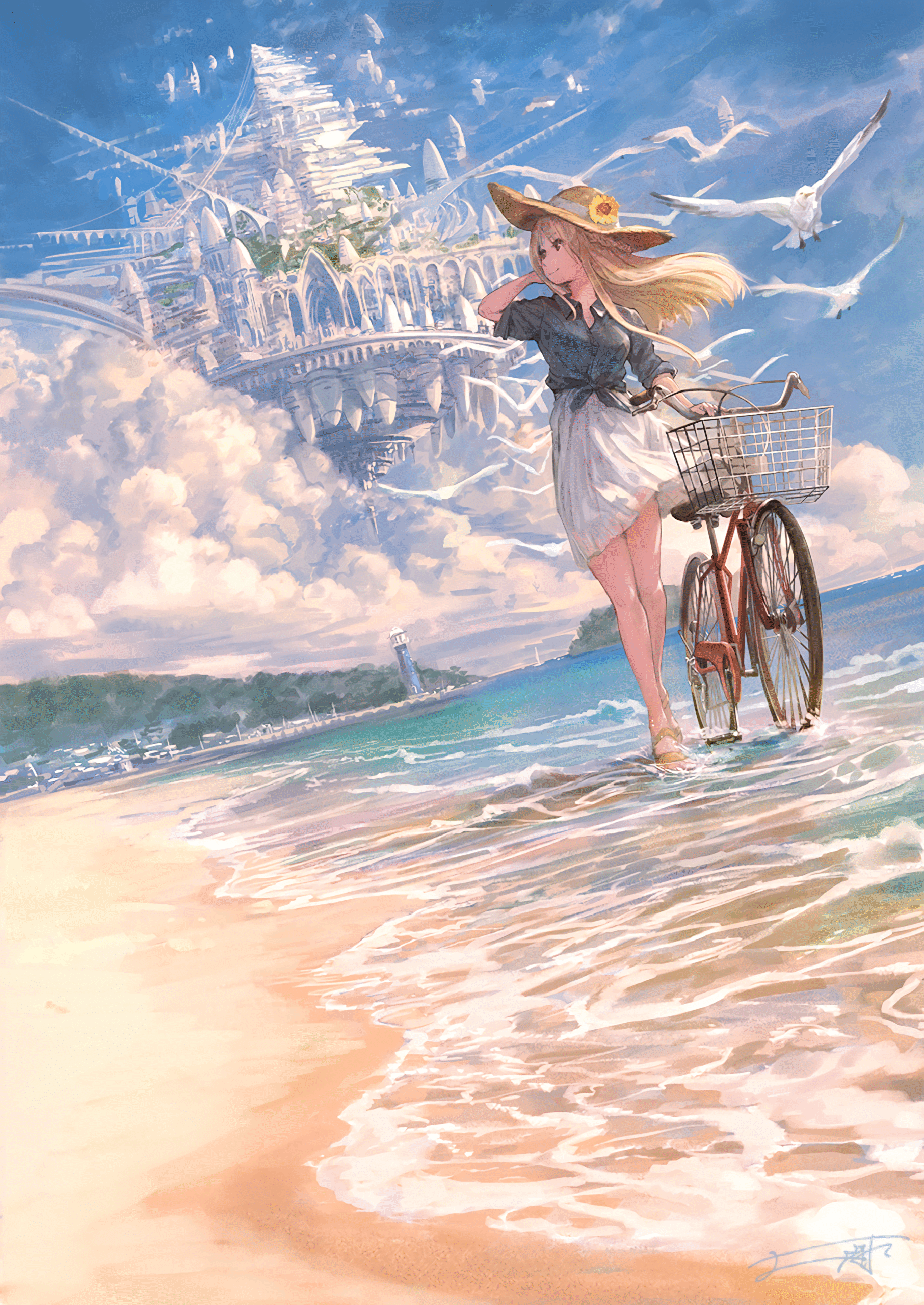 floating city fantasy beach girl