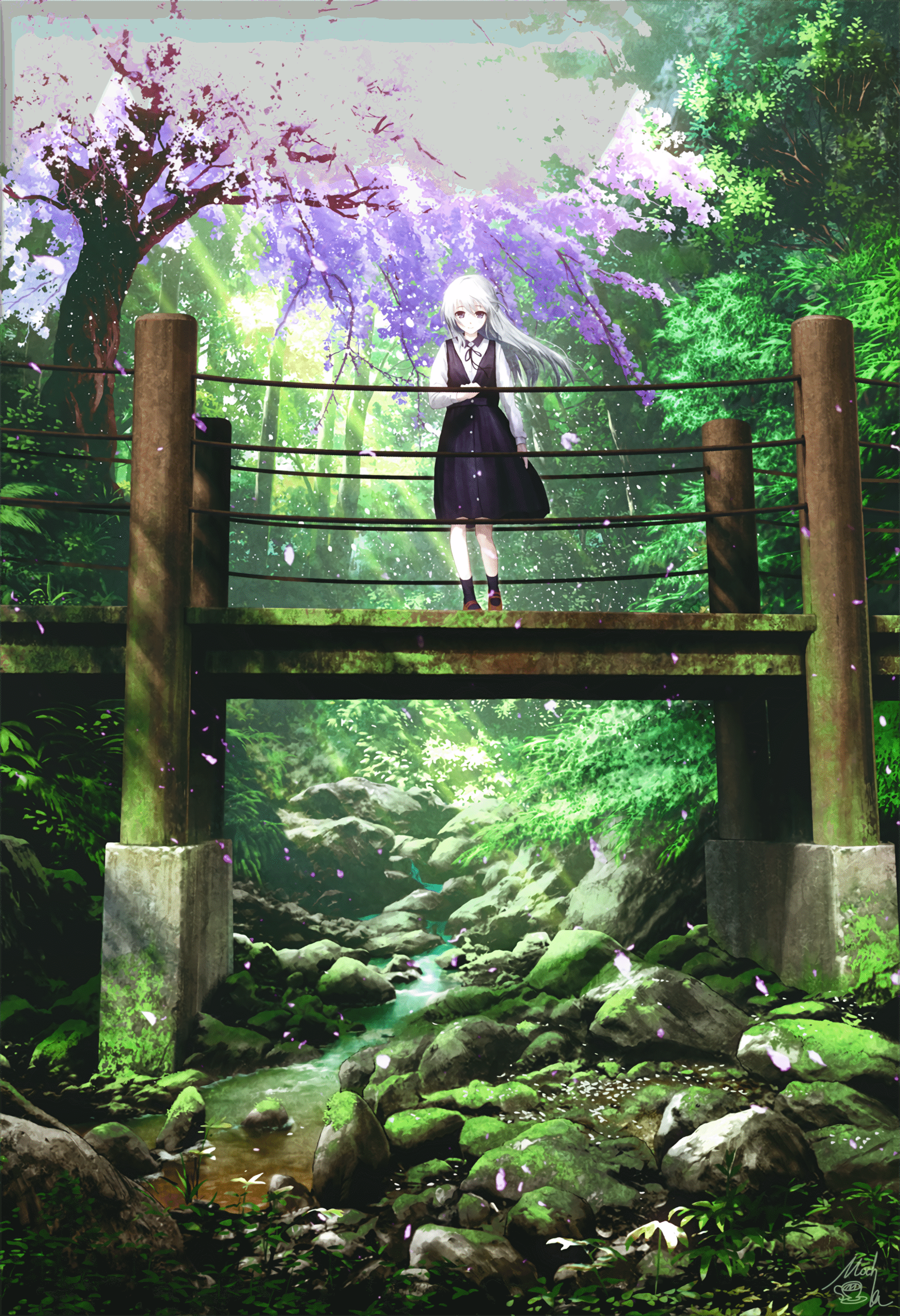 anime girl bridge forest cherry