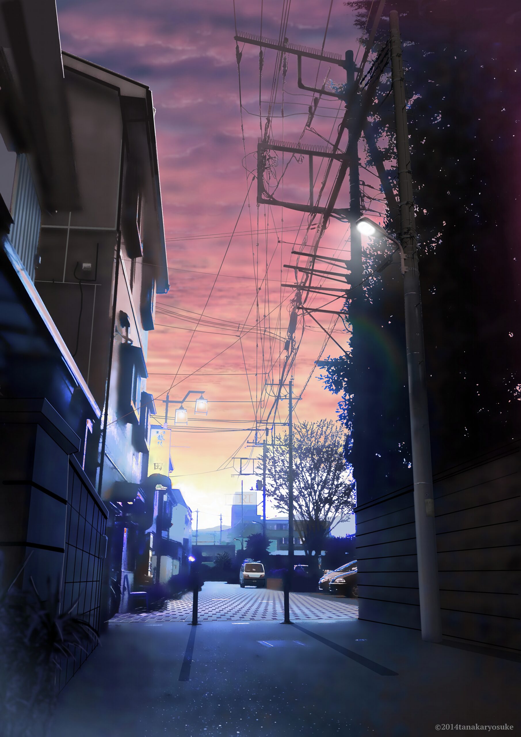 sunset cityscape alley dusk purple sky