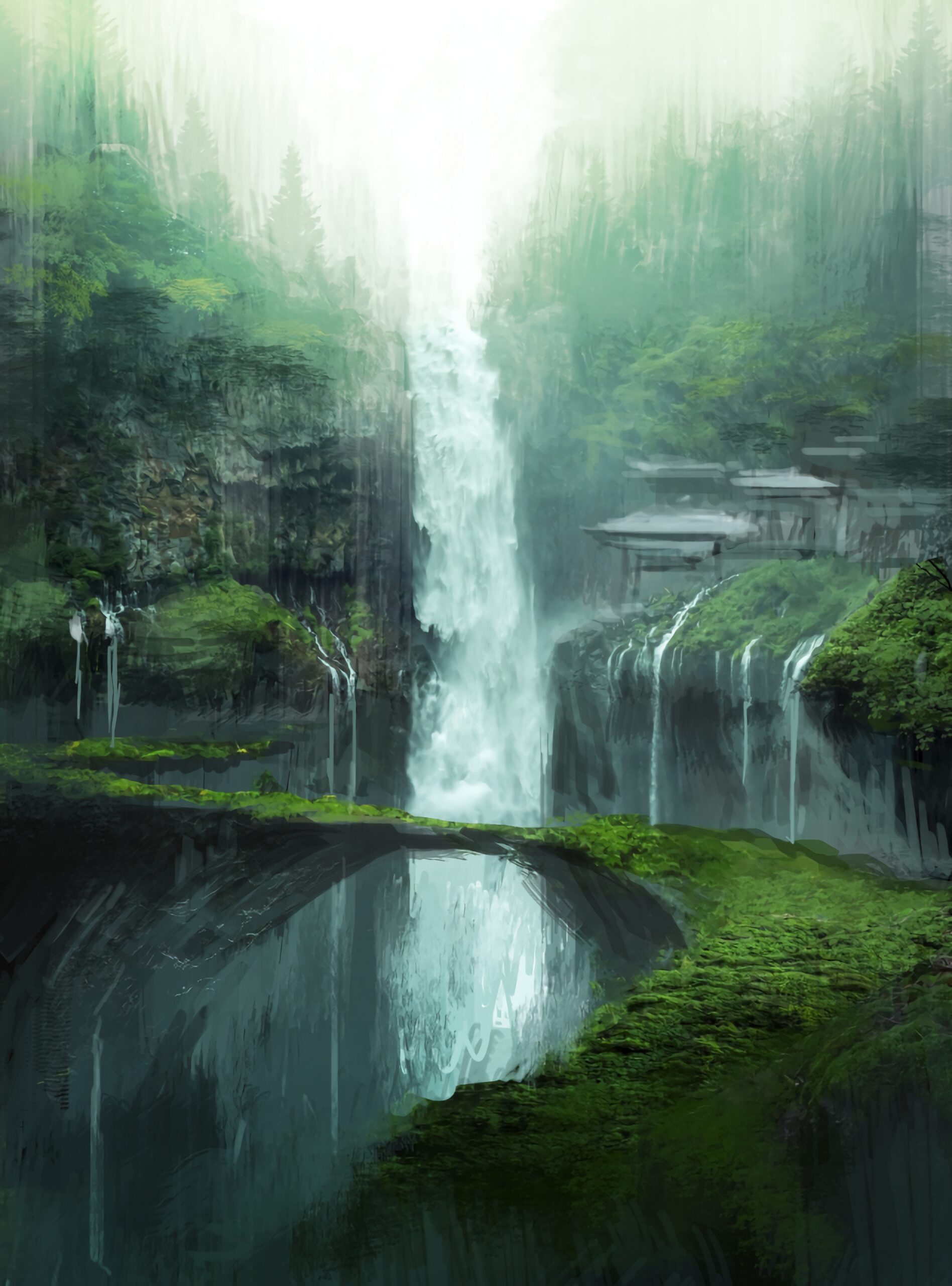 waterfall forest misty nature greenery