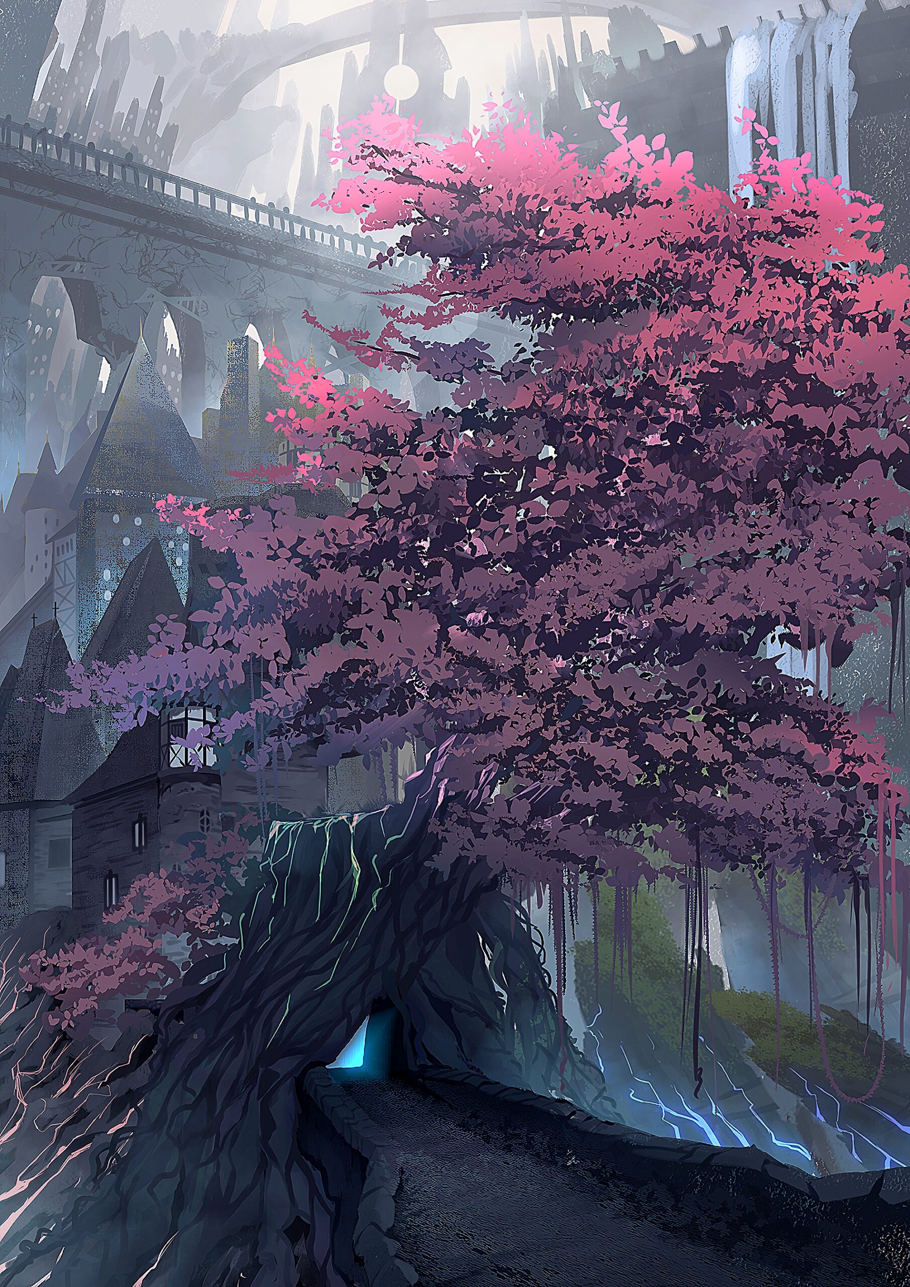 castle fantasy world pink tree