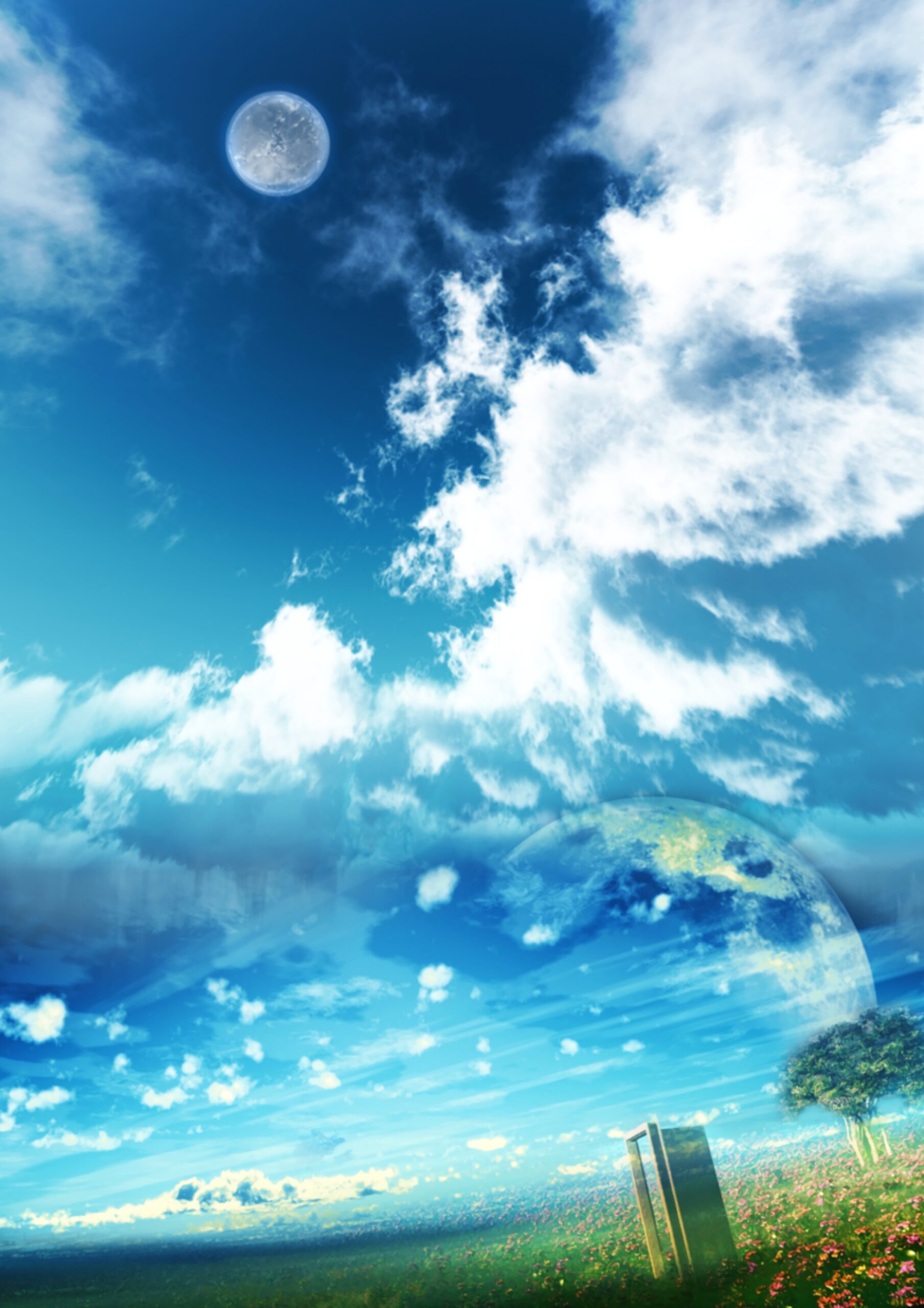 blue sky planets floating door fantasy