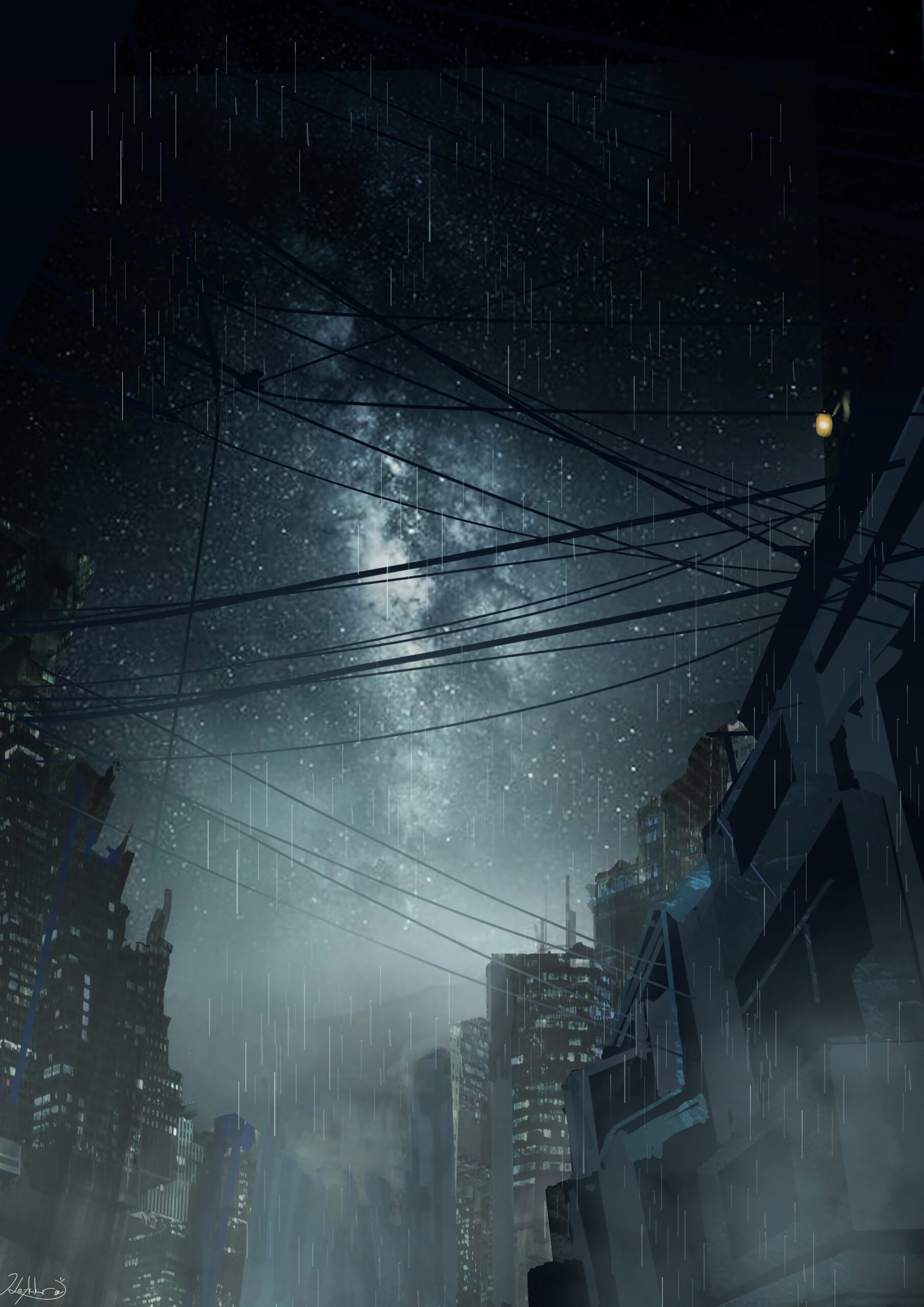 cyberpunk city rain milkyway stars