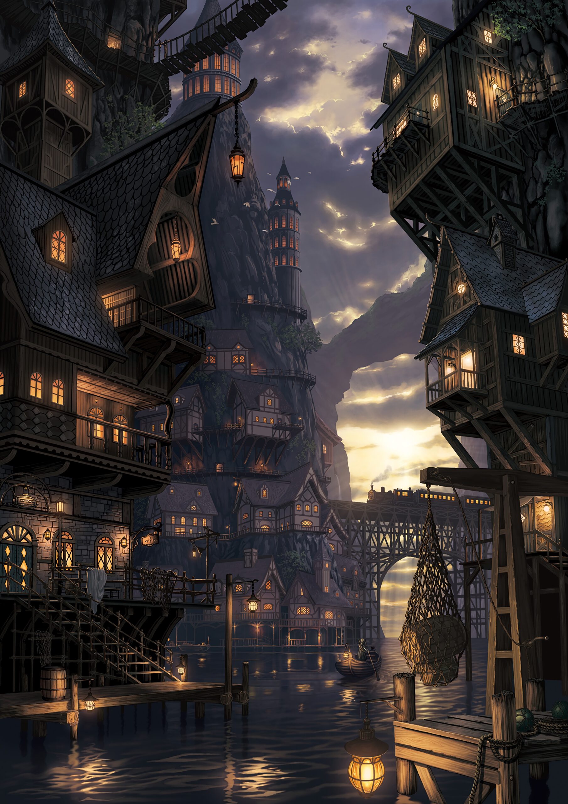 steampunk city water town night