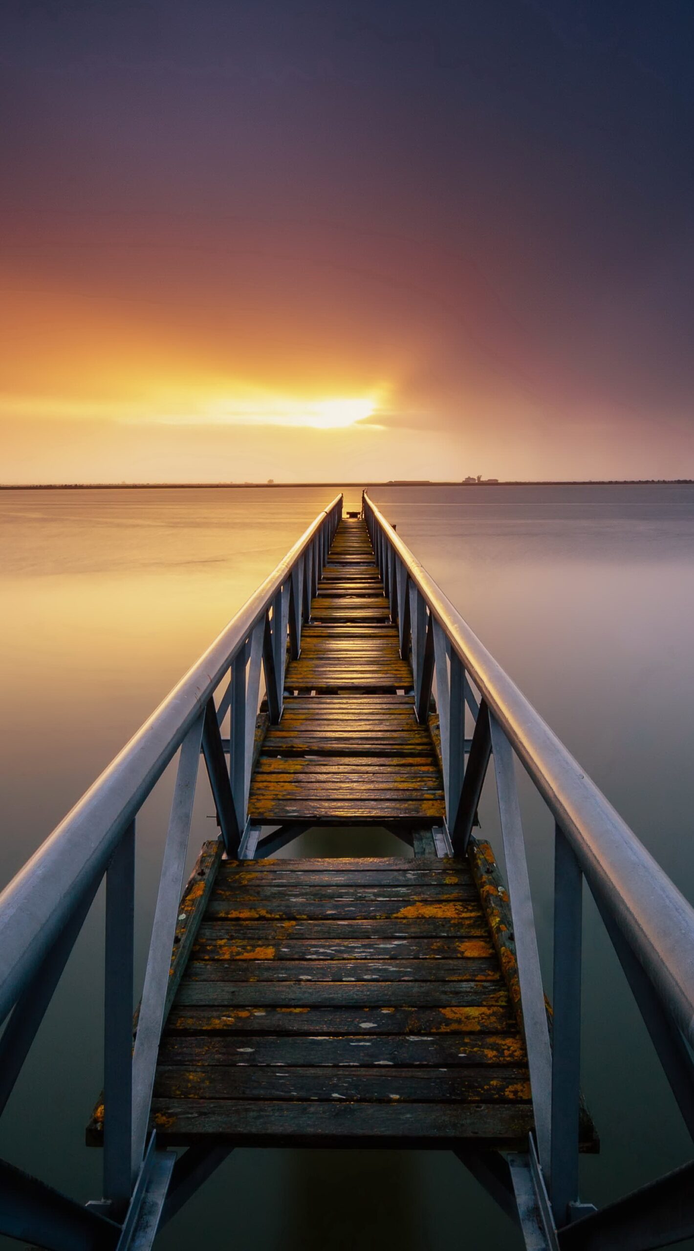 wooden pier dock bridge sunset horizon